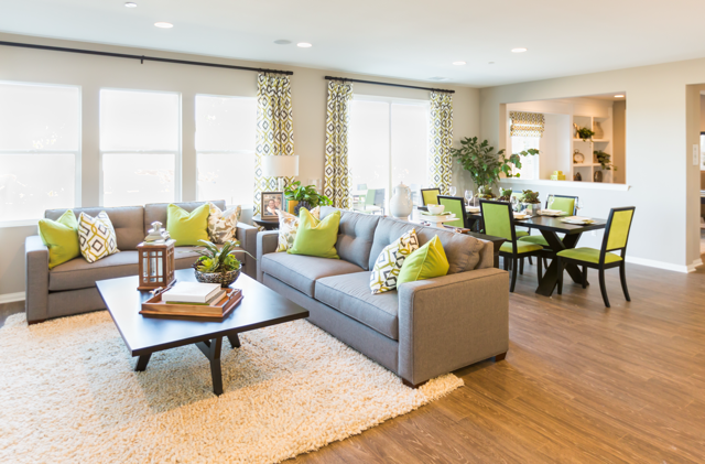 Bright, modern living room with greenery.
