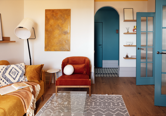 Stylish modern living room interior. An arched passage into the hallway and bright blue doors
