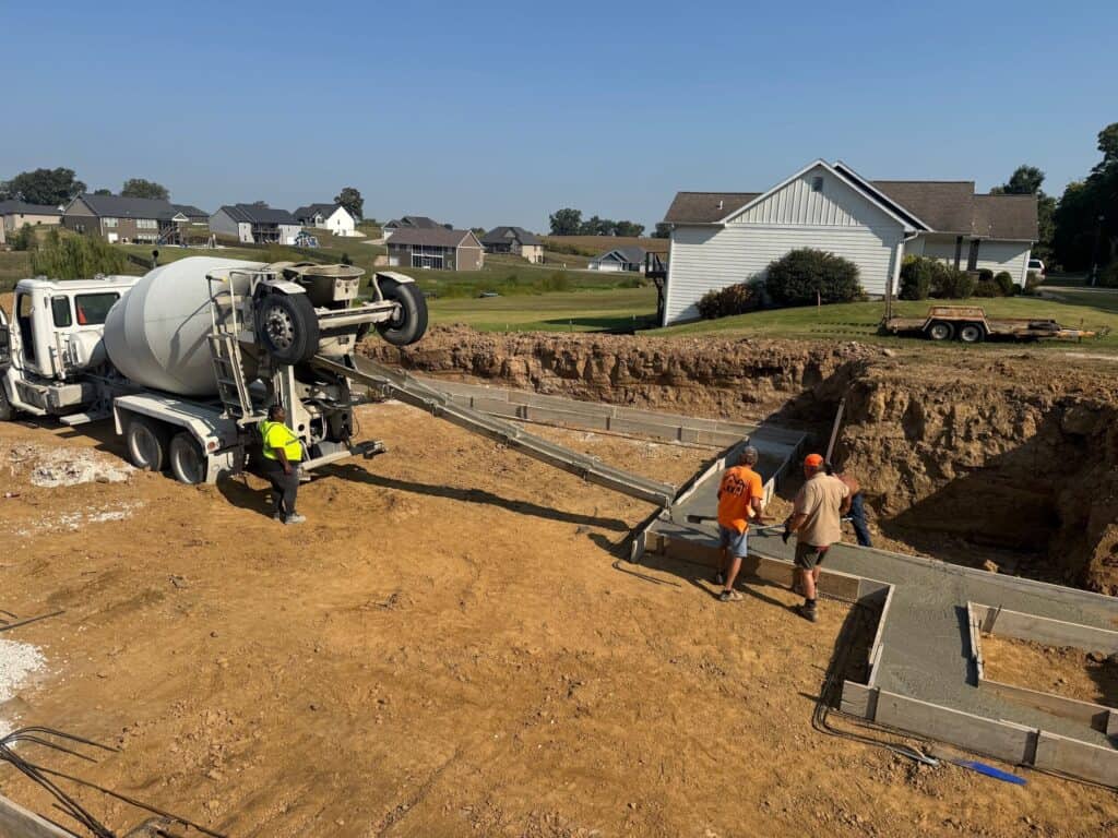 Construction site with concrete mixer truck