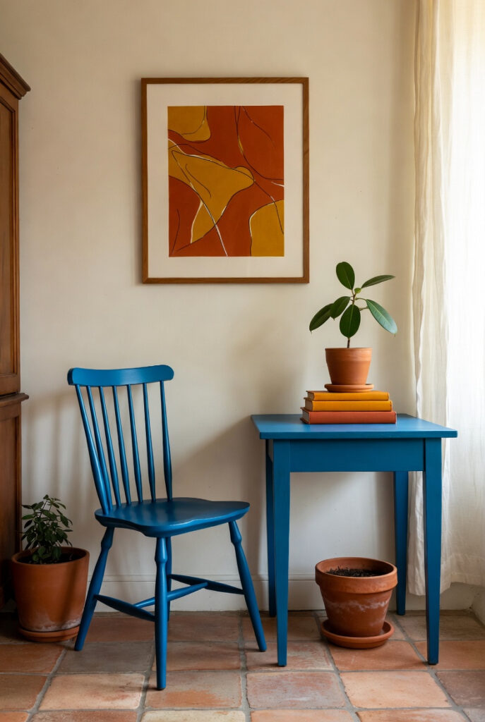 2026 home trends - Pops of cerulean, rust, ochre, or terracotta showing up in tile or cabinetry islands for bold-but-grounded impact