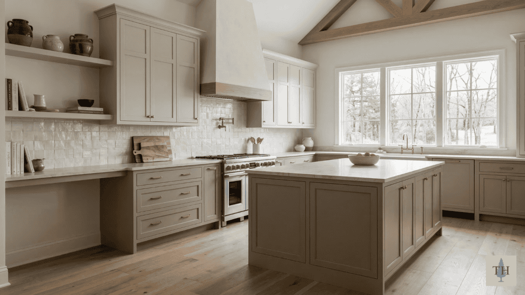 Taupe and mushroom cabinetry is a beautiful way to ground your kitchen and add warmth without losing a modern feel. - Building a custom home