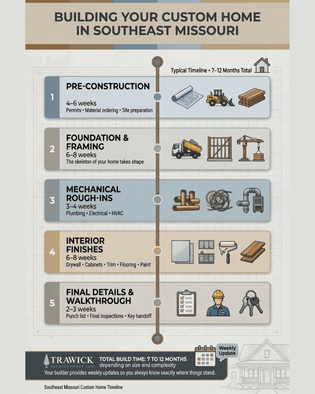 Here's a general timeline for building a custom house in Southeast Missouri