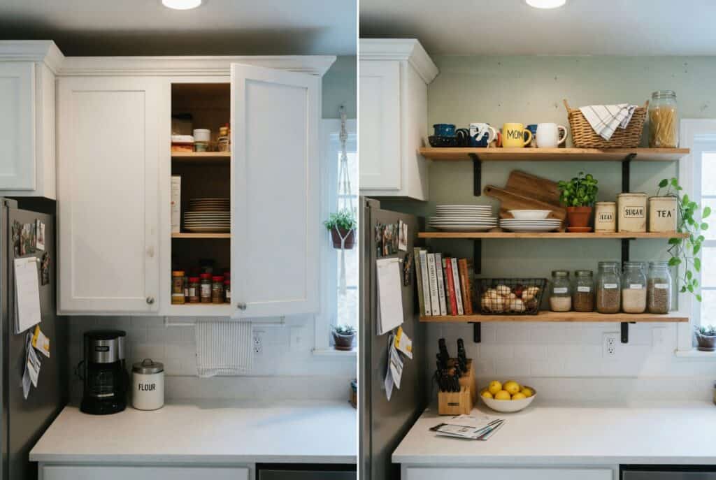 closed cabinets vs open shelving