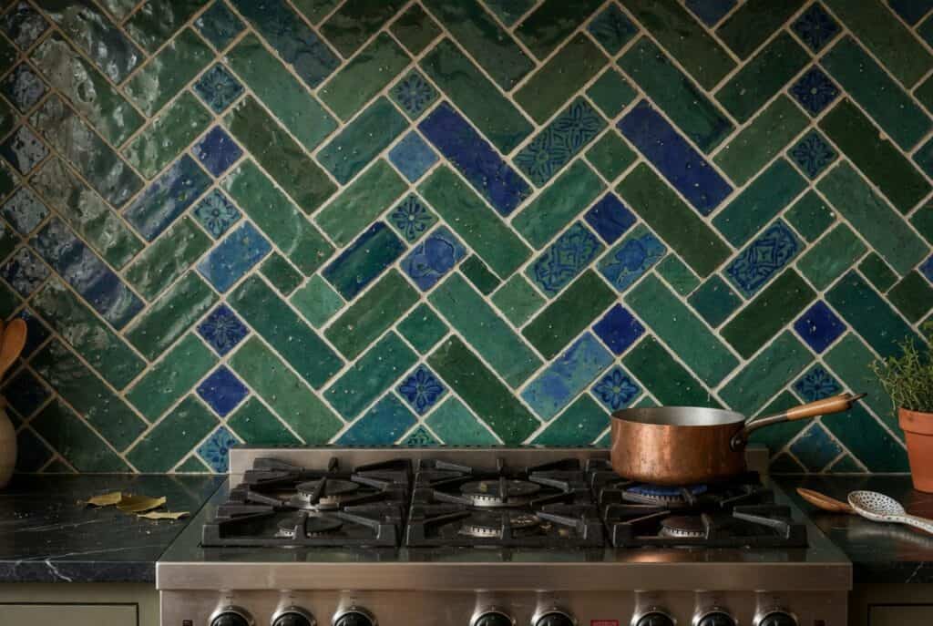 Zellige tile, a hand-glazed ceramic, or a textured stone backsplash.
